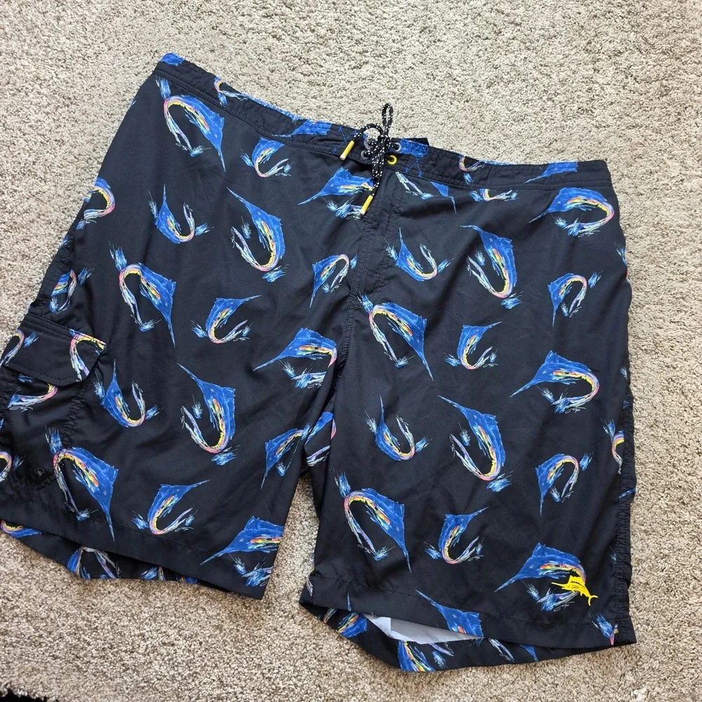 Tommy Bahama Marlin Swim Trunks Mens 3XLT Black Blue Tropical Fishing Board